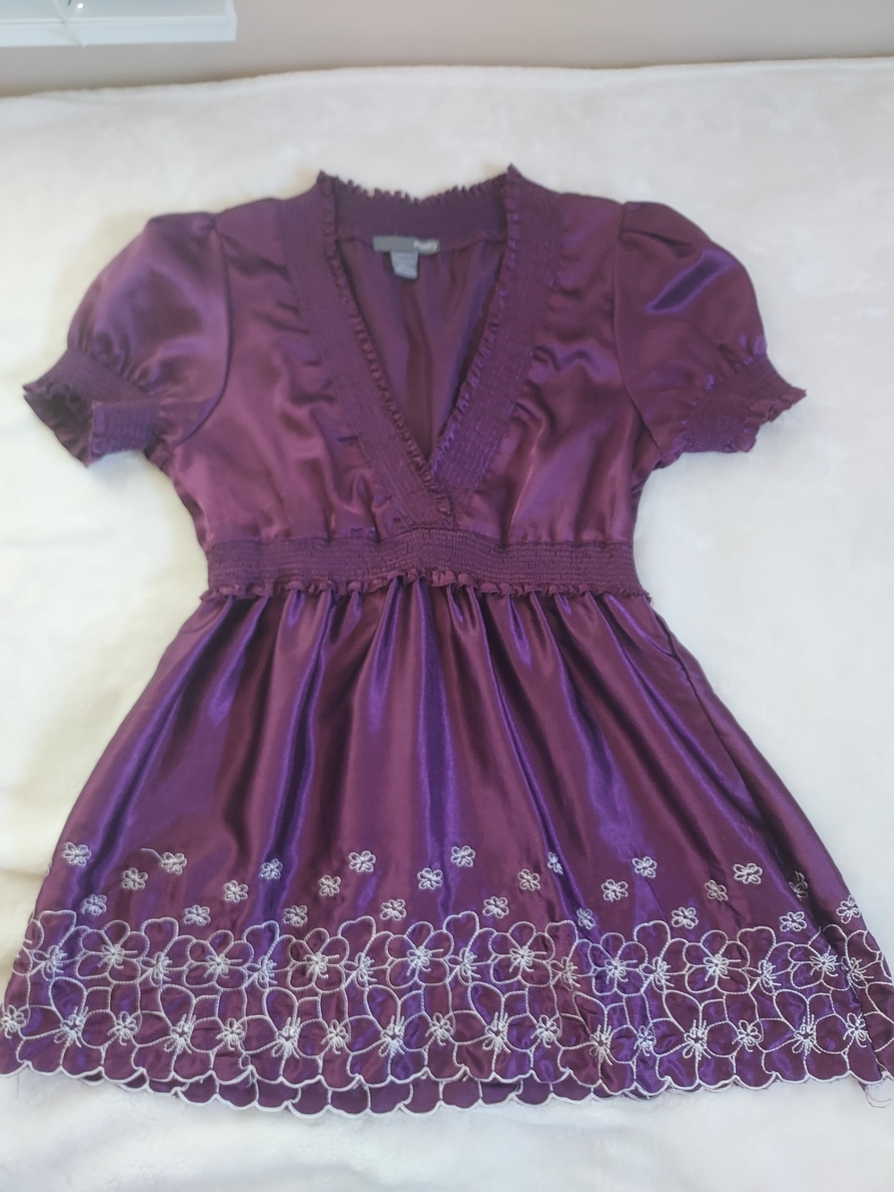 Poetry Purple Satin Babydoll Smocked V-Neck Top White Embroidered Floral Hem